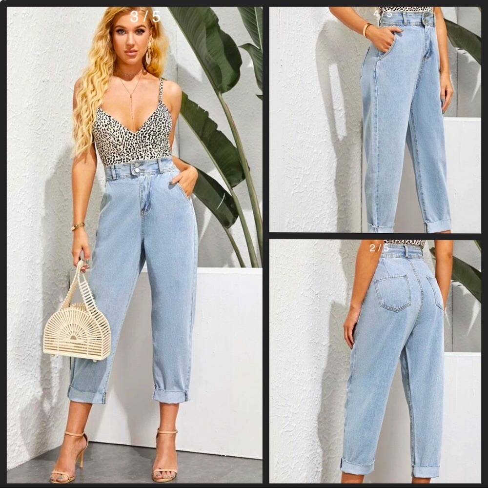 High Rise Raw Hem Mom Jeans Double Button with Zip Fly Blue Size Medium (6)